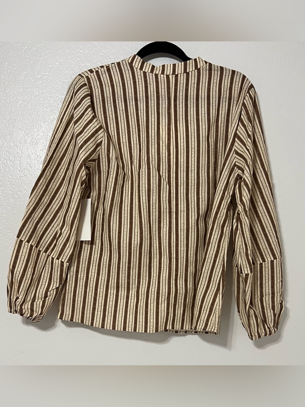 Parterre Linen Cotton Brown Cream Striped Balloon Sleeve Boho Blouse NWT - Picture 3 of 6